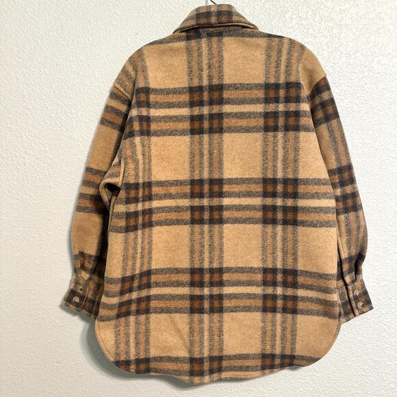H M Jacket Women XS Tan Plaid Button-Up Long Sleeve 2 Chest Pockets Shacket - Picture 2 of 10